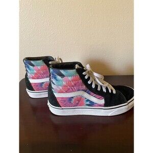 Vans Sk8-Hi high-top skate shoes featuring black suede and pink/blue tie-dye.